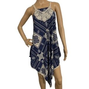 Mudd Oversized Navy Blue Ivory Boho Crochet Bandana Dress Size S
